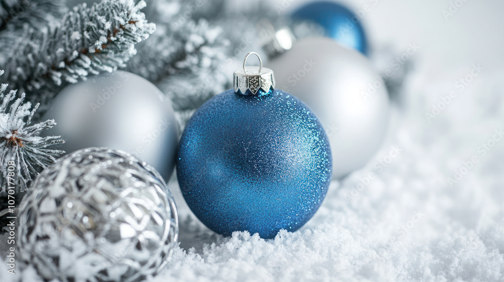 Silver and Blue Holiday Decor with Snowy Background Silver and Blue Holiday Decor with Snowy Background