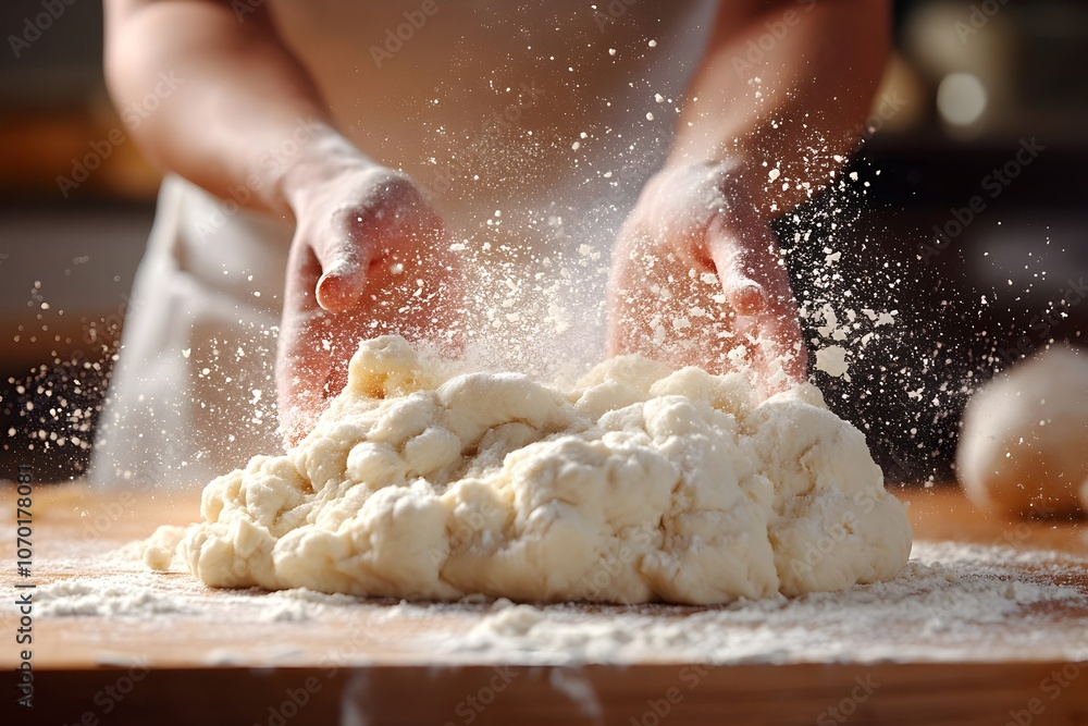 A person kneading bread dough on a floured wooden surface, with flour dusting the kitchen counter and hands in motion. A person kneading bread dough on a floured wooden surface, with flour dusting the kitchen counter and hands in motion.