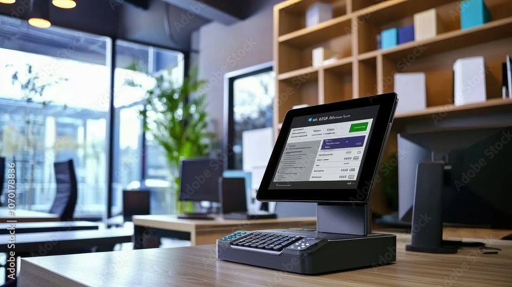 A point of sale system on a desk in a modern office.