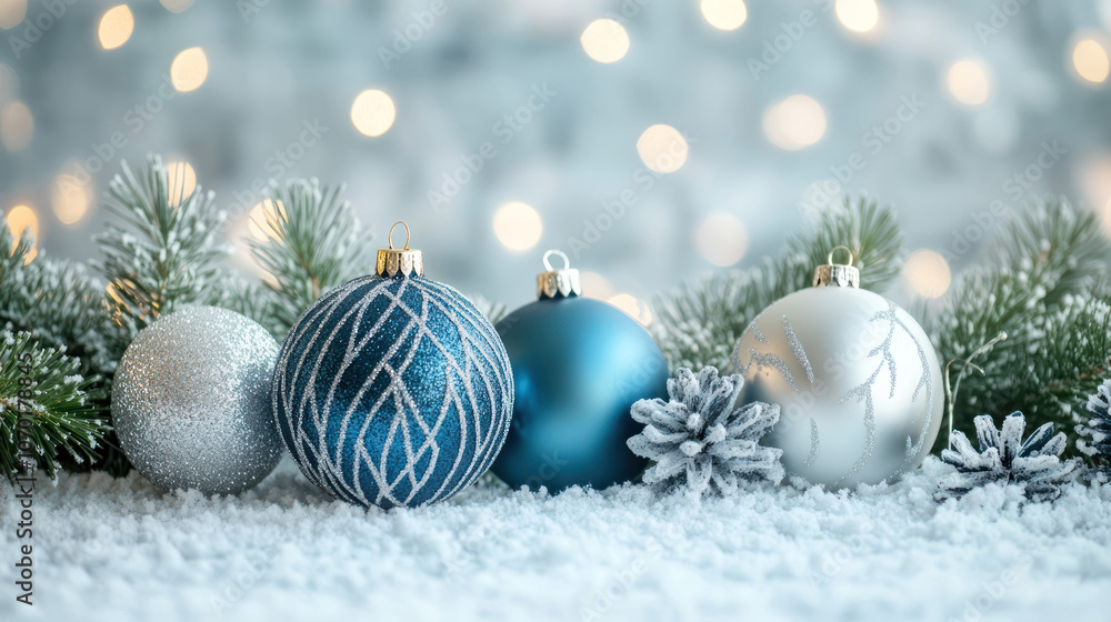 Fototapeta premium Silver and Blue Holiday Decorations on Snowy Background