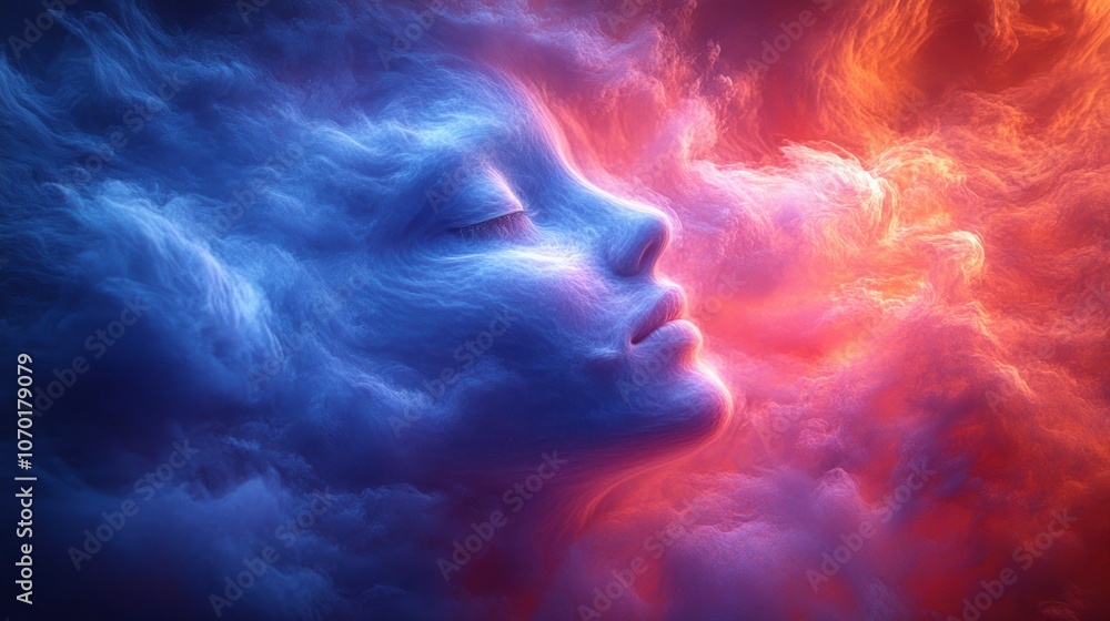 A woman's face emerges from a swirl of blue and orange clouds, representing the duality of human nature. A woman's face emerges from a swirl of blue and orange clouds, representing the duality of human nature.