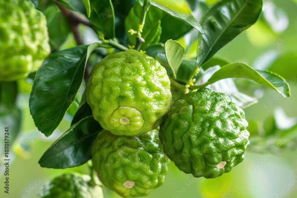 Closeup of bergamot fruit growing on tree in garden Closeup of bergamot fruit growing on tree in garden