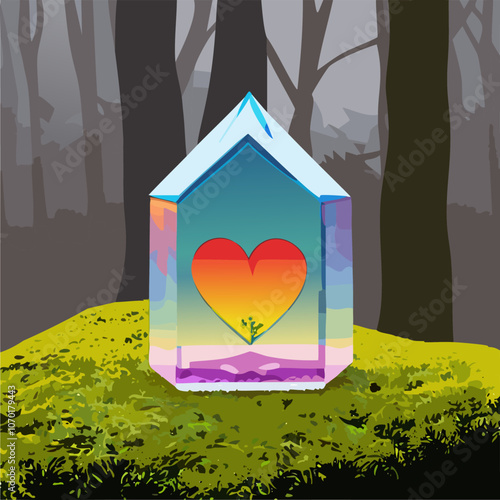 Miniature house with heart shape window. Sweet home concept. Family warmth, love and protection