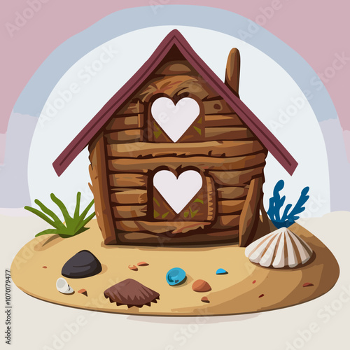 Miniature house with heart shape window. Sweet home concept. Family warmth, love and protection