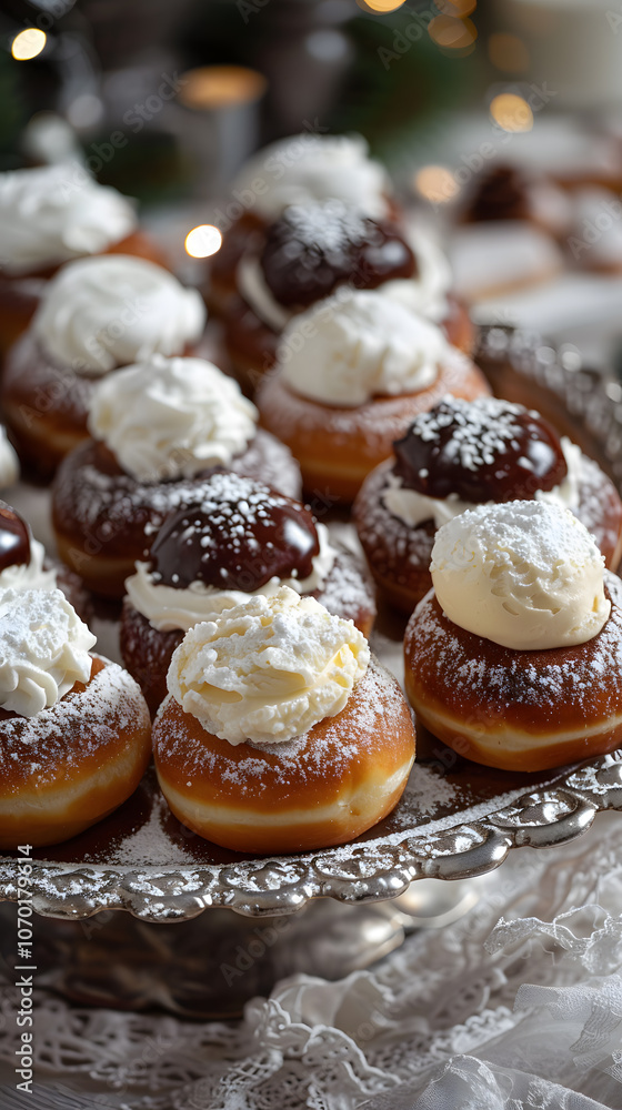 Platter with assorted cream-filled donuts in vanilla, chocolate, and coffee flavors for a sweet snack Platter with assorted cream-filled donuts in vanilla, chocolate, and coffee flavors for a sweet snack
