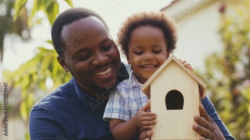 Father and son building birdhouse using wooden tools backyard sunny teamwok family. AI generated photo