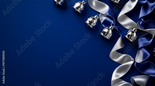 A composition of silver jingle bells and satin ribbons on a deep blue background, creating a festive border. photo