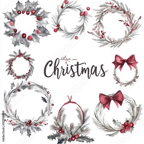 Decorative Christmas wreaths with berries and bows designed for festive holiday celebrations photo