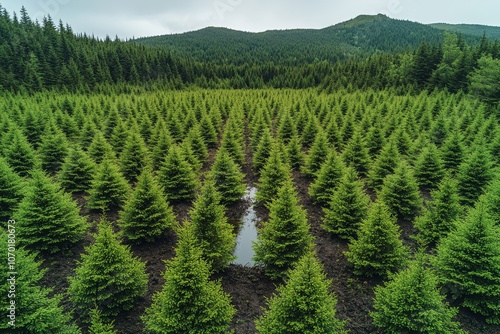 Vast evergreen christmas tree farm with rows of lush green fir trees in scenic mountain landscape