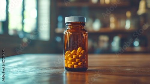 Prescription medication bottle with naltrexone drug pills inside , addiction treatment photo