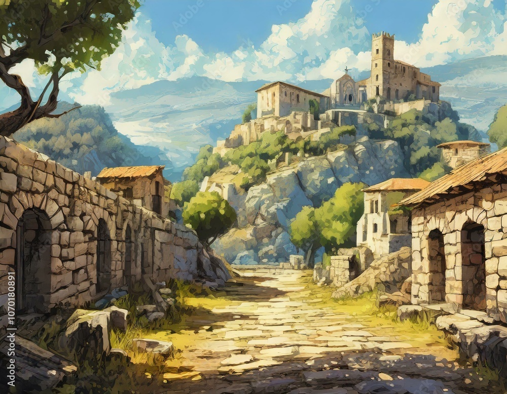 Fototapeta premium ゲーム背景 ファンタジーゲーム始まりの街古代文明風異世界の街