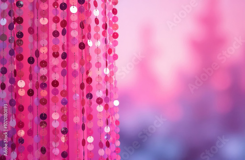 Festive background, pink fabric with sequins, neon background, curtain, full frame photo