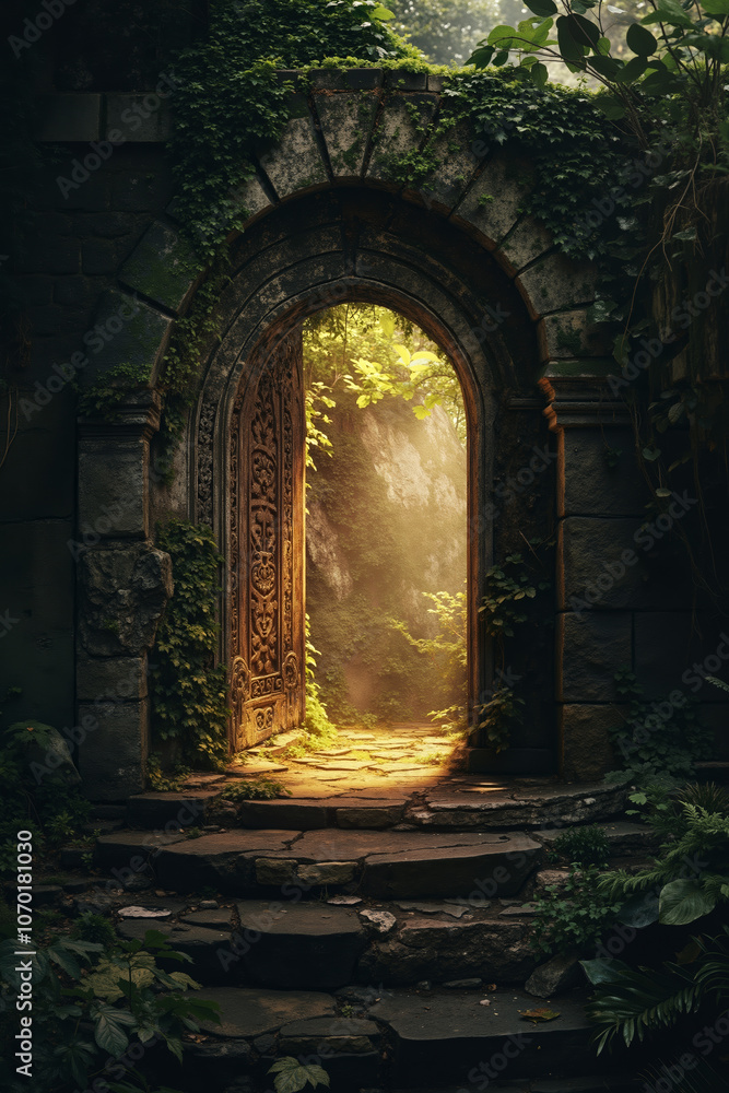 A stone archway in the middle of a forest with a light coming through it A stone archway in the middle of a forest with a light coming through it