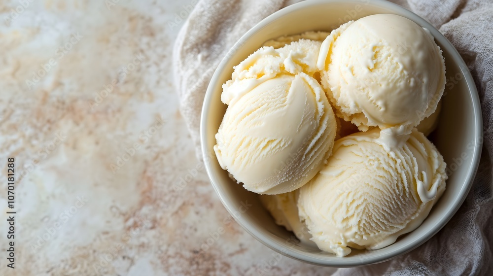 Creamy vanilla ice cream scoops served in white ceramic bowl on rustic textured stone or marble surface with soft natural lighting, copy space Creamy vanilla ice cream scoops served in white ceramic bowl on rustic textured stone or marble surface with soft natural lighting, copy space