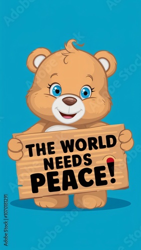 a teddy bear holds a sign that says the world peace.