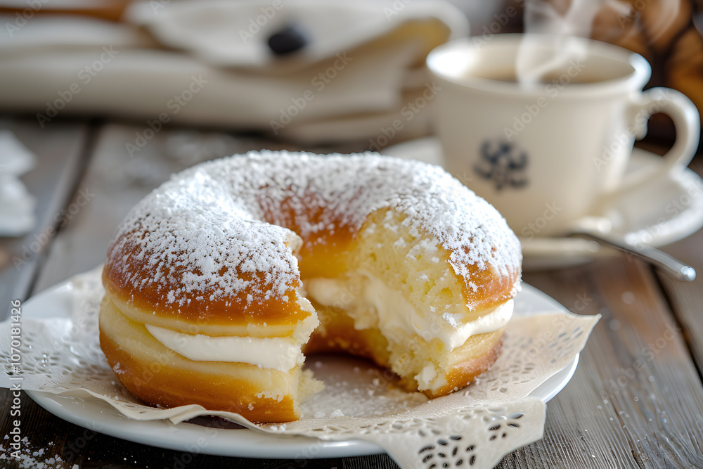 Vanilla cream-filled donut with powdered sugar in a cozy cafe for a delightful dessert