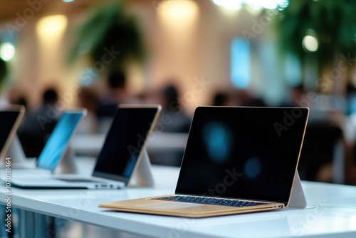 Laptops on table at modern office space