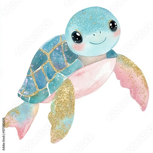 Cute watercolor illustration of a smiling turtle with glitter details swimming in the ocean photo