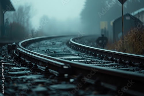 A train track is winding its way through a fogladen forest photo