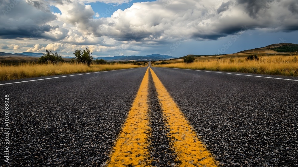Naklejka premium Empty rural highway with double yellow lines stretches toward stormy clouds over golden prairie landscape, copy space
