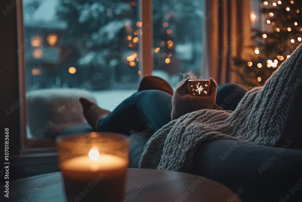 Obraz premium woman relaxes on cozy couch by window, enjoying warmth of candle and glow of Christmas lights