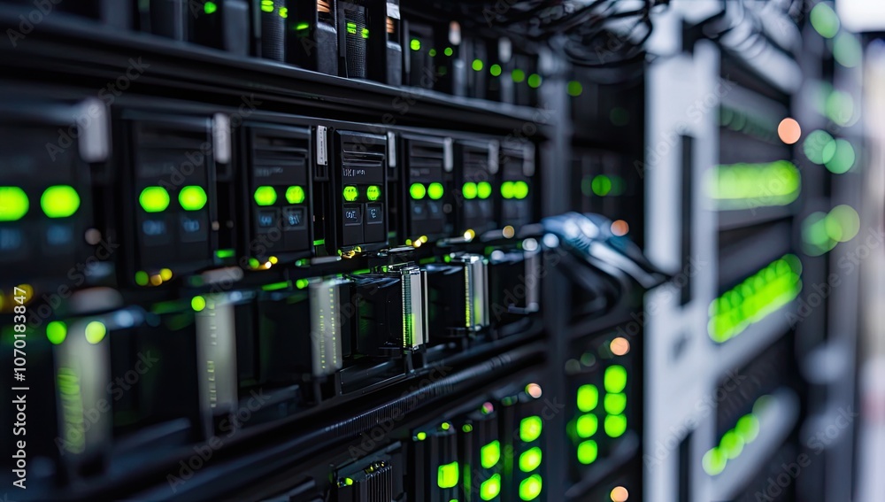 A row of servers in a data center has green lights showing they are on A row of servers in a data center has green lights showing they are on