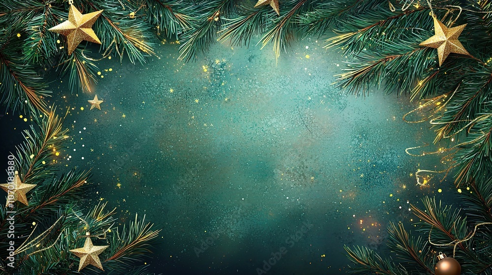 Fototapeta premium Festive Greenery with Golden Stars for Holiday Cheer