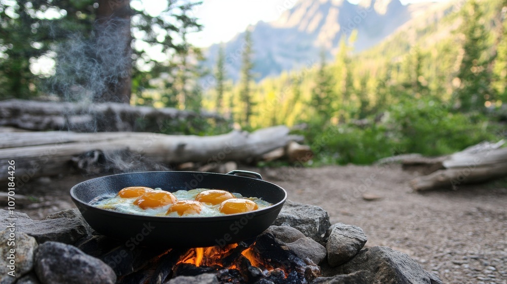 Breakfast Cooking at Campsite Surrounded by Mountains Breakfast Cooking at Campsite Surrounded by Mountains