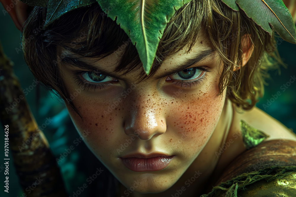 A close up of a young boy with green leaves on his head A close up of a young boy with green leaves on his head