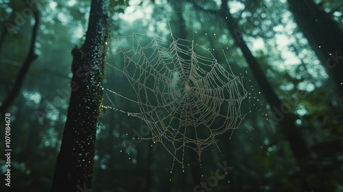 Spider Web in a Misty Forest