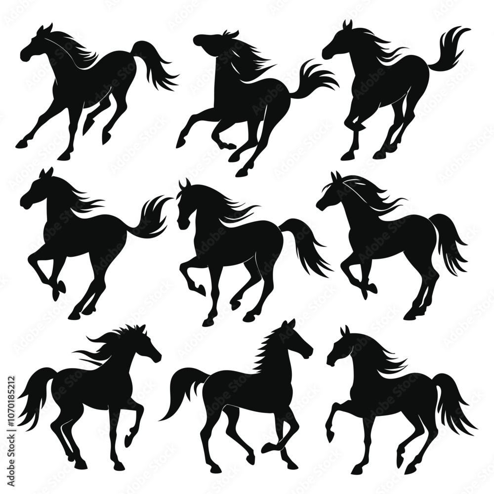 set of nine black horse silhouettes set of nine black horse silhouettes