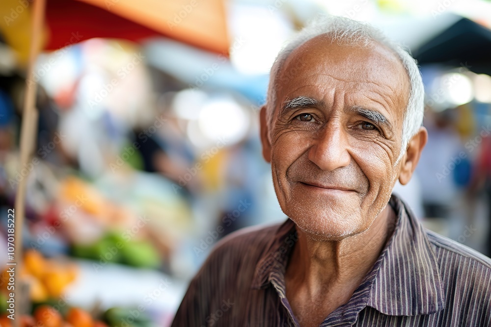 Fototapeta premium Smiling elderly man at a fruit market