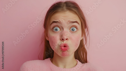 acne disease on the face of a young girl, emotions of frustration and pain, light pink background 