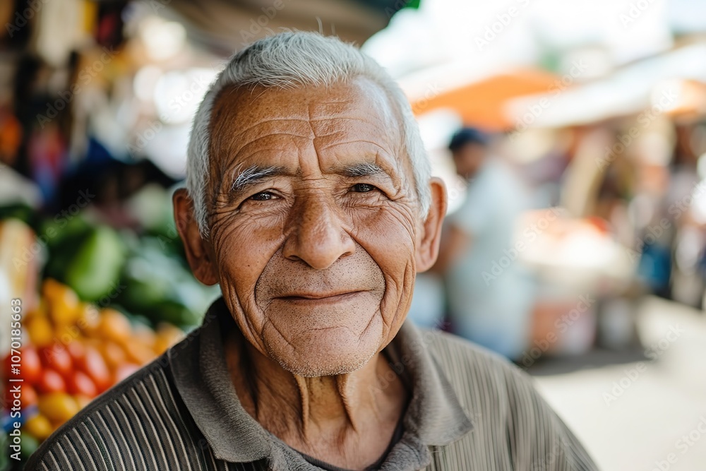 Elderly man smiling at market with fruit backdrop. Elderly man smiling at market with fruit backdrop.