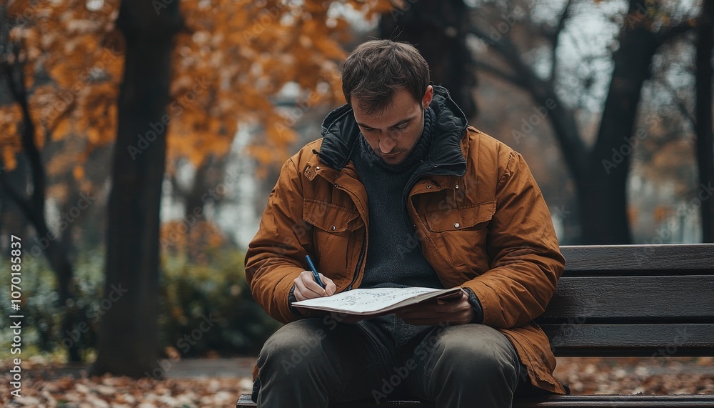 Fototapeta premium Man sitting on a bench in a park, writing in a notebook.