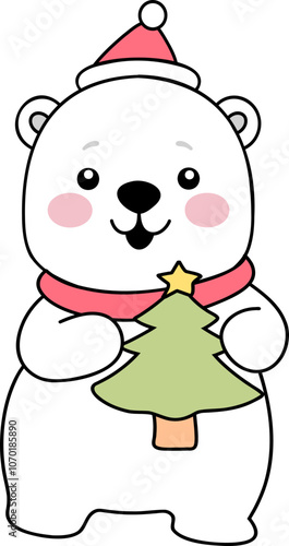 Adorable Polar Bear Christmas Tree Holiday Cute Illustration