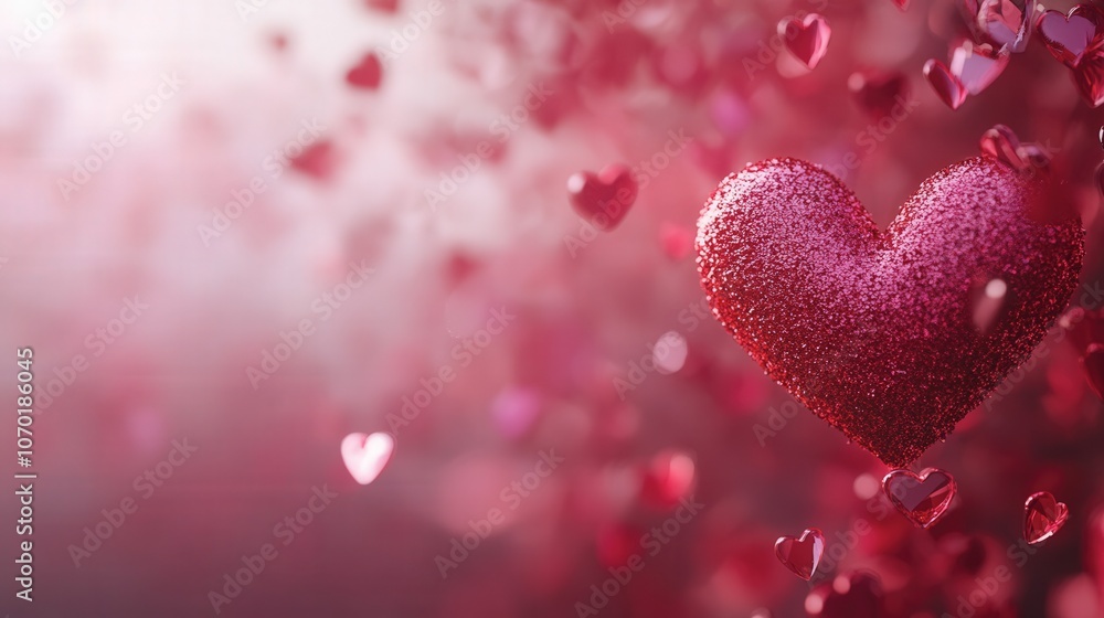 Red glittering heart decorations floating in a dreamy background during a romantic celebration Red glittering heart decorations floating in a dreamy background during a romantic celebration