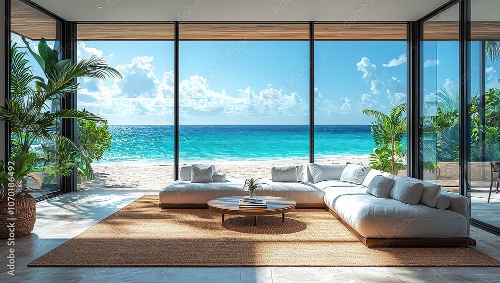 Fototapeta premium A large living room with floor-to-ceiling windows overlooking the beach