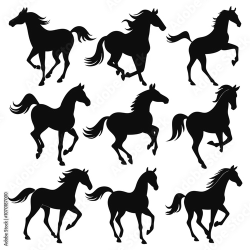 set of nine black horse silhouettes