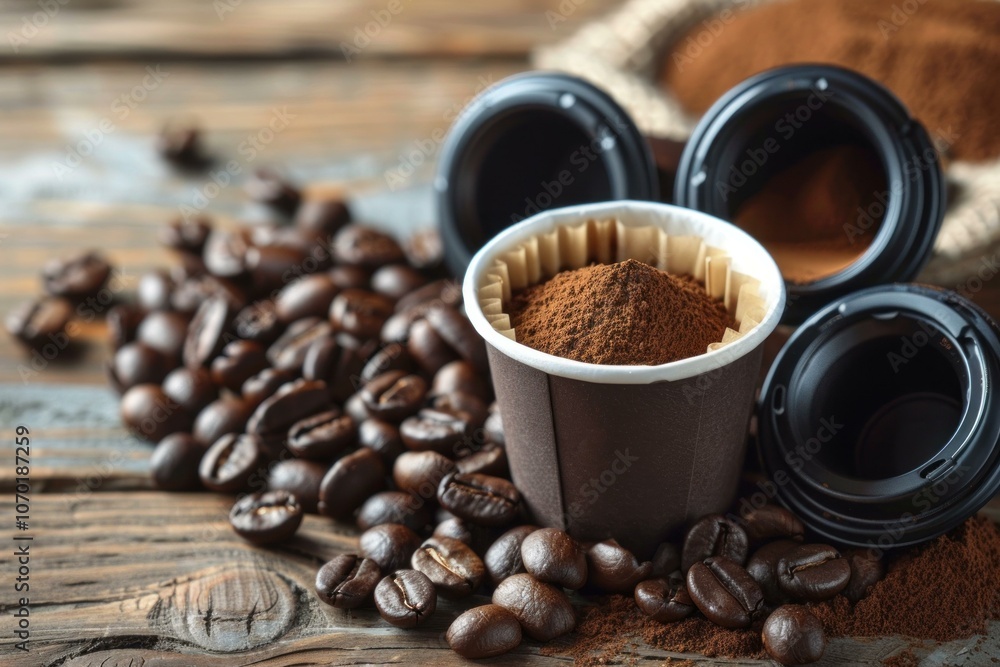 Fototapeta premium Coffee paper pods, ground coffee, roasted beans and capsules on rustic wooden table