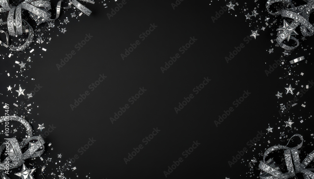 Fototapeta premium festive silver glittering background with stars and ribbons, perfect for celebrations and special occasions. Ideal for invitations or holiday themes