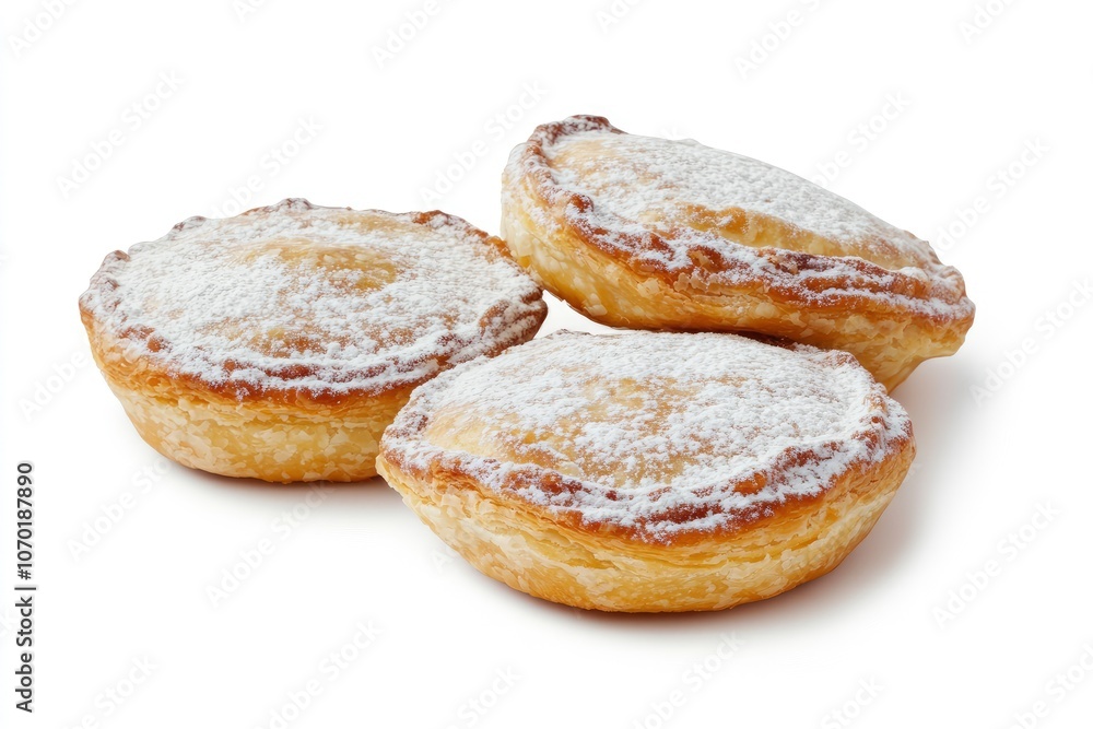 Three delicious pastries with powdered sugar on top, isolated on a white background. Three delicious pastries with powdered sugar on top, isolated on a white background.