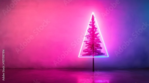 Vibrant Neon Christmas Tree with Colorful Illumination on a Simple,Clean Background. Modern,Minimalist Holiday Decor Concept.