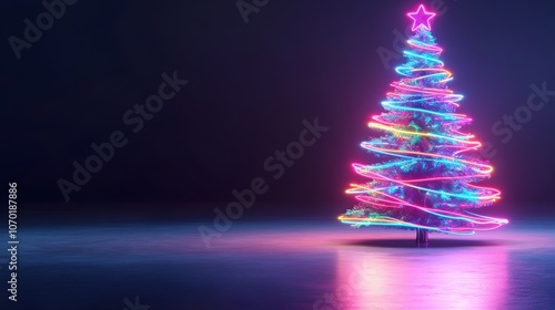 Neon Christmas Tree on Plain Background with Vibrant Colors and Lighting