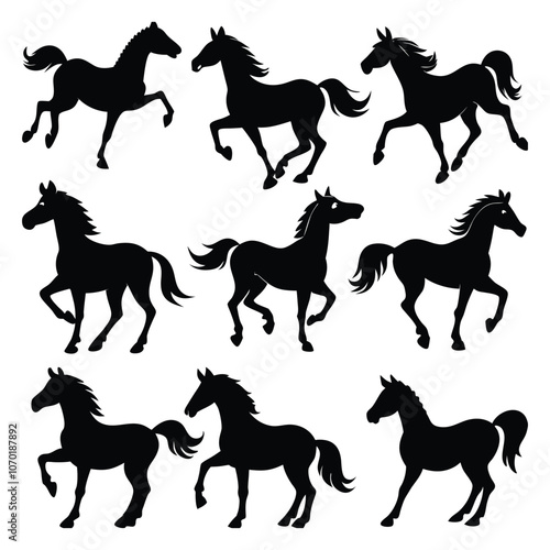 set of nine black horse silhouettes