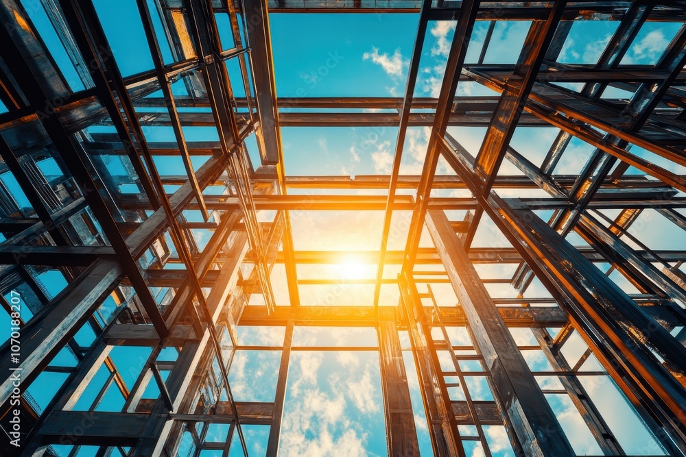 Fototapeta premium Steel structure of building under construction. The image depicts a building under construction, showcasing the steel framework and the sky above.