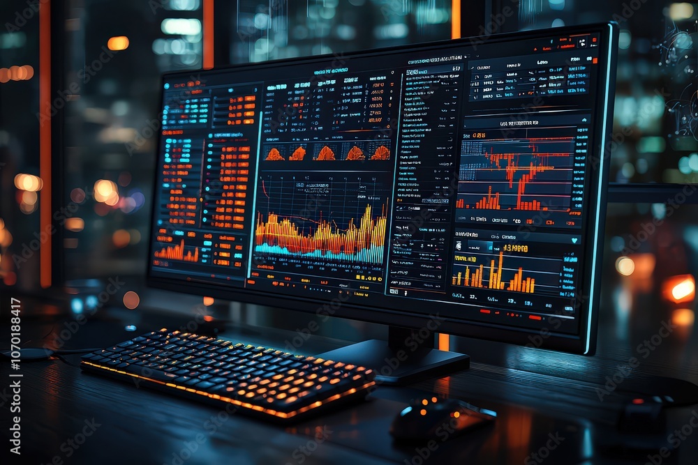 A modern dashboard with graphs and charts on the screen, showcasing data collection for business analytics in an office setting. A modern dashboard with graphs and charts on the screen, showcasing data collection for business analytics in an office setting.