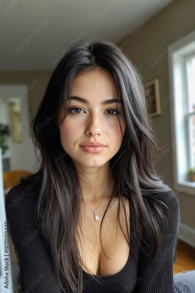 A woman with long dark brown hair sitting on a couch