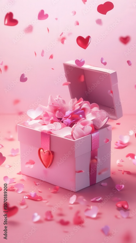 A beautifully designed gift box with pink hearts and confetti on a soft pink background A beautifully designed gift box with pink hearts and confetti on a soft pink background