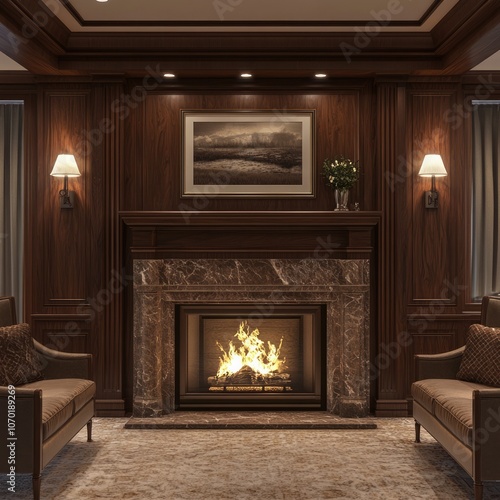 Classic American living room with a vintage fireplace, mid-century decor,